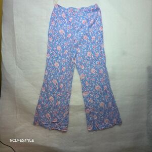 Versona Blue Pink Floral Paisley Wide Leg Linen Blend Pants Modern 10